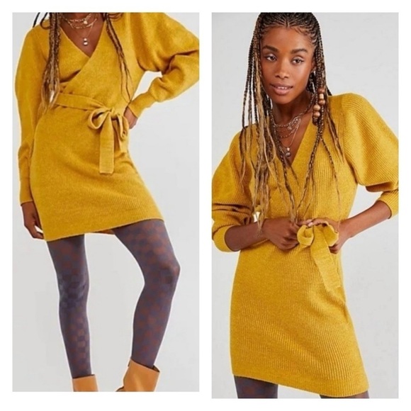 FREE PEOPLE Mustard Yellow Knit Long Sleeve Mini Sweater Wrap Dress Small NEW - Picture 1 of 7